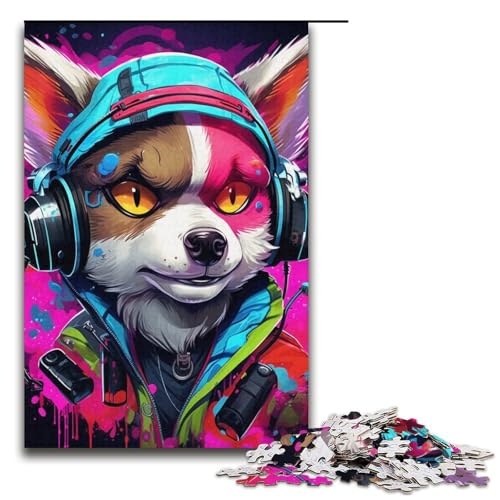 für Erwachsene 1000-teiliges Puzzle „Hund mit Kopfhörern“ Puzzle für Teenager aus Pappe, schwierig und herausfordernd, Größe 38 x 26 cm von LLONGKT