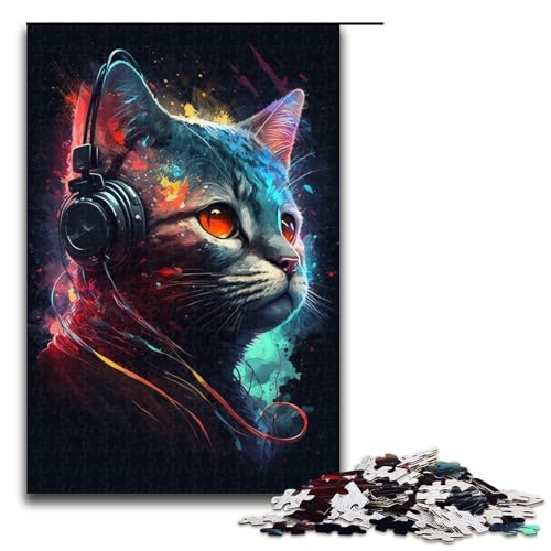 für Erwachsene 1000-teiliges Puzzle Kopfhörer Katze Puzzles für Erwachsene Holzpuzzle Herausforderndes Spiel Größe 50x75cm von LLONGKT