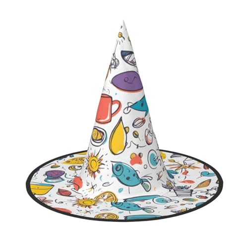 Halloween-Hut-Hut, Hexen-Dekoration, bunte handgezeichnete Federn auf weißem Druck, Party-Hexenkostüm, Cosplay, Maskerade-Zubehör, 2 Stück Halloween-Hut-Hut, Hexen-Dekoration, bunte handgezeichnete Federn auf weißem Druck, Party-Hexenkostüm, Cosplay, Maskerade-Zubehör, 2 Stück von LLOTPQ