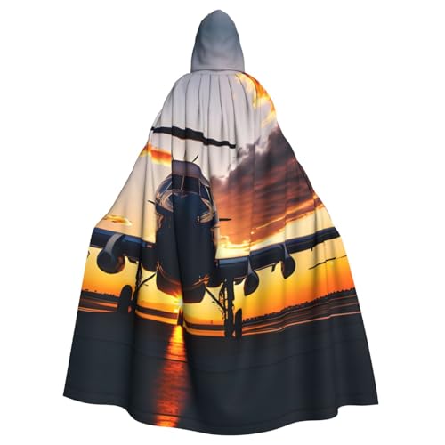 Halloween-Kapuzenumhang für Erwachsene, Unisex, Flugzeugflugzeug bei Sonnenuntergang, Volldruck, Kostüm, Umhang für Cosplay, Party und Themenveranstaltungen von LLOTPQ