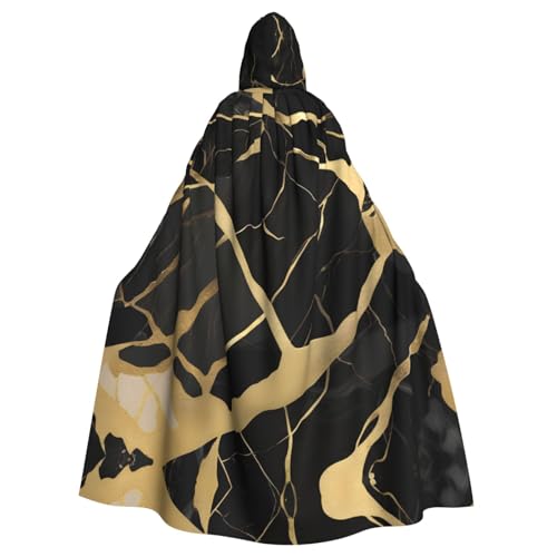 Halloween-Kapuzenumhang für Erwachsene, Unisex, schwarzer Marmor-Textur, Gold, Volldruck, Kostüm, Umhang für Cosplay, Party und Themenveranstaltungen von LLOTPQ