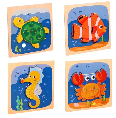 LLTCMYGS Cartoon Marine Life Puzzle Board Spielzeug, Montessori Holz Tier Puzzle Set (4 Teile) von LLTCMYGS
