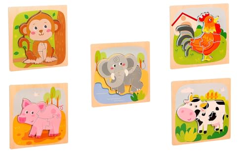 LLTCMYGS Cartoon Tier Puzzle Panel, Montessori Holz Tier Puzzle Set (5 Teile) von LLTCMYGS