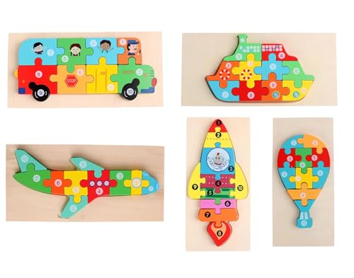 LLTCMYGS Holz-Transportfahrzeug-Puzzle-Set, Montessori-Pädagogik-Baustein-Puzzle (5 Teile) von LLTCMYGS
