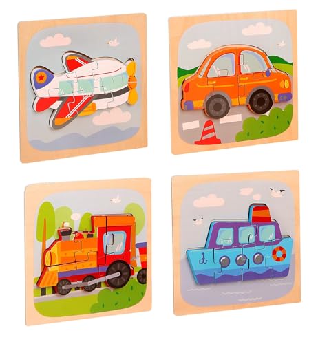 LLTCMYGS Holzfahrzeug Puzzle Spielzeug, Montessori Säuglingsbildung Lernpuzzle Set (4 Teile) von LLTCMYGS
