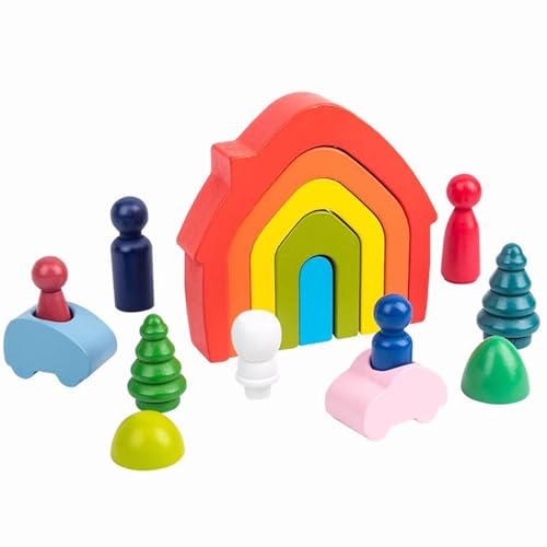 LLTCMYGS Holzregenbogen passende gestapelte Bausteine Set, Montessori Bogen Brücke Haus Regenbogen Kinder Bausteine,Rainbow House Suit von LLTCMYGS