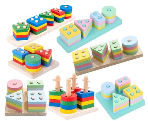 LLTCMYGS Holzsortier-Stapelspielzeug, Montessori-Sortierung geometrische Bausteine (7 Stück) von LLTCMYGS