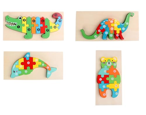 LLTCMYGS Holztier Kinderpuzzle Spielzeug, Montessori Cartoon Tier Puzzle Set (4 Teile) von LLTCMYGS