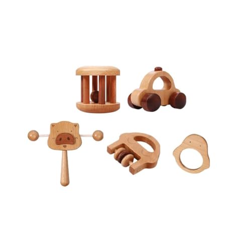 LLTCMYGS Montessori Babyspielzeug, Holzrasseln Set zum Greifen von Säuglingen, Spielzeug für die sensorische Entwicklung (5 Stück) von LLTCMYGS