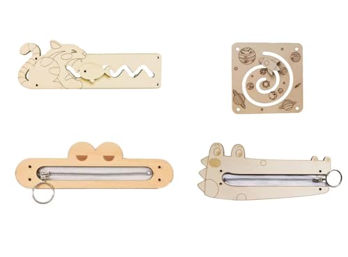 LLTCMYGS Montessori Busy Education Reißverschluss Spielzeug Set, Holz Wandzubehör Sensorisches Spielzeug (4 Stück) von LLTCMYGS
