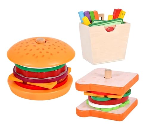 LLTCMYGS Montessori Holz-Hamburger-Pommes Sandwich-Spielzeugset, Kleinkinder und Vorschulkinder, entwickelt die Feinmotorik von LLTCMYGS