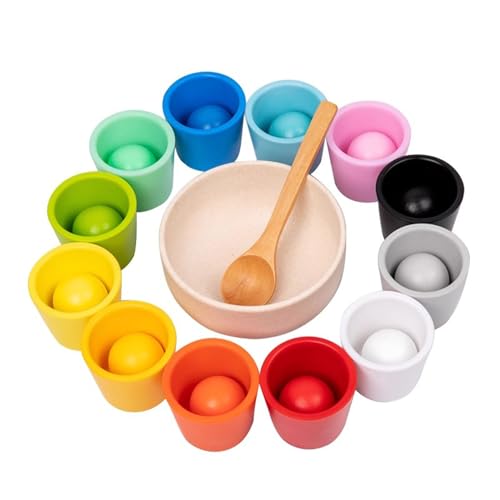 LLTCMYGS Montessori Holz Regenbogen Ball Farbsortierspielzeug, Vorschul-Farbabstimmung (12 Farben) von LLTCMYGS