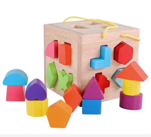 LLTCMYGS Montessori Holzgeometrie Eingabebox Spielzeug, Formensortierwürfel Feinmotorik Spiele von LLTCMYGS