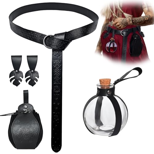 LLTTEER Halloween Nekromanten Anzug Mittelalterliche Accessoires Set,Mittelalterlicher Gürtel für Damen Herren Renaissance Accessoires mit Tasche,Trankflaschen und GüRtelschlaufes (Schwarz) von LLTTEER