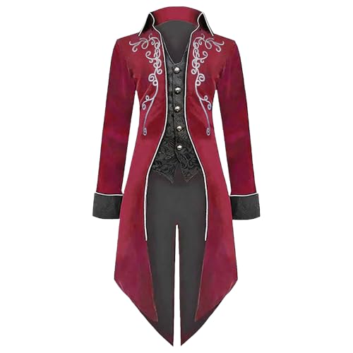 LLTTEER Herren Steampunk Vintage Frack Jacke Gothic Retro Mantel Mittelalter Kleidung Party Cosplay Herren Kostüme für Erwachsene (Rot, M) von LLTTEER