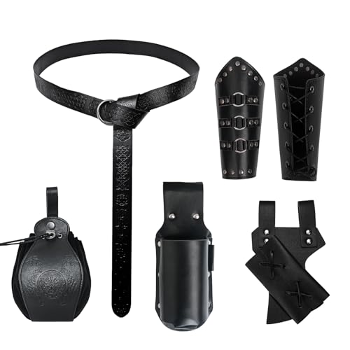 Mittelalterliches Ritterkostüm Zubehör Set Halloween Nekromanten Anzug,Mittelalter GüRtel,Mittelalter Armschienen,Gürteltasche,Schwertholster Gürtel und Zaubertrank Flasche für Cosplay (Schwarz) von LLTTEER