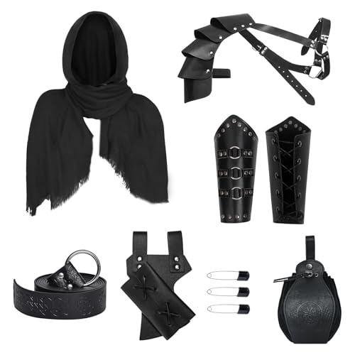 Mittelalterliches Ritterkostüm Zubehör Set für Herren,Mittelalter Umhang mit Kapuze, GüRtel und Armschienen,Gürtelbeutel Schwertholster und Trankflaschen, Leder Schulterpanzer für Cosplay (Style 03) Mittelalterliches Ritterkostüm Zubehör Set für Herren,Mittelalter Umhang mit Kapuze, GüRtel und Armschienen,Gürtelbeutel Schwertholster und Trankflaschen, Leder Schulterpanzer für Cosplay (Style 03) von LLTTEER