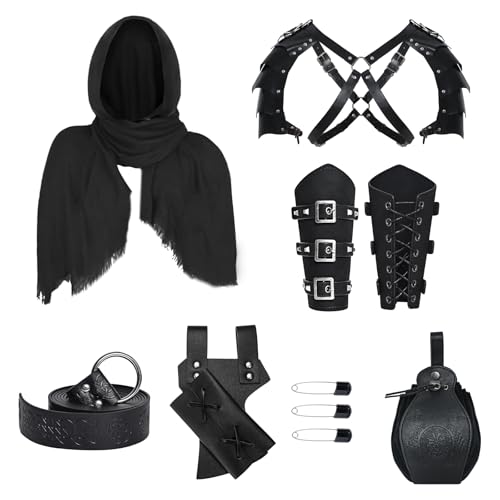Mittelalterliches Ritterkostüm Zubehör Set für Herren,Mittelalter Umhang mit Kapuze, GüRtel und Armschienen,Gürtelbeutel Schwertholster und Trankflaschen, Leder Schulterpanzer für Cosplay (Style 02) von LLTTEER
