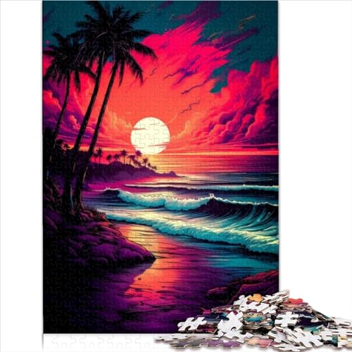 Puzzles Retro Strand Sonnenuntergang 500 Teile Lustige Puzzles für Erwachsene Holzpuzzles für Erwachsene Lernen Lernspielzeug 500 Stück (52 x 38 cm) von LLUCH