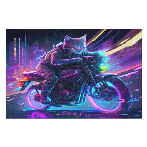 Biker-Katze Holzpuzzle - 1000 Teiliges Jigsaw Knobelspiel - Puzzle Für Erwachsene & Kinder - Outdoor & Reisespielzeug （75×50cm） von LLXXHH