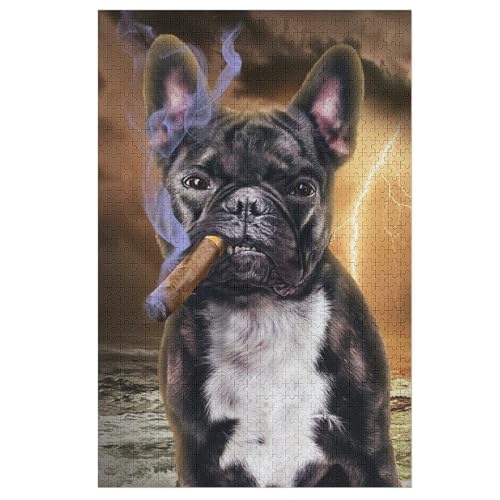 Französische Bulldogge mit Zigarre-Puzzlespiel Aus Holz, 1000 Puzzleteile, Puzzle Für Teenager Und Erwachsene, Spielzeug, Puzzles, 78×53cm von LLXXHH