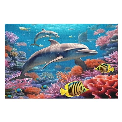 Holzpuzzles 1000 Teile Delphine -Puzzle Für Jungen Und Mädchen, Schwierigkeitsgrad, Lernspiele, Familienspielzeug （75×50cm） von LLXXHH