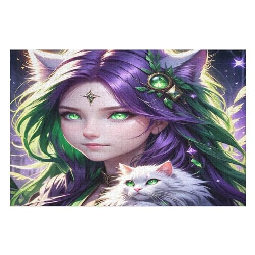 Katzenmädchen Holzpuzzle 1000 Teile Klassische Puzzles Erwachsene Kinder Puzzle DIY Kit Holzspielzeug Einzigartiges Geschenk （75×50cm） von LLXXHH
