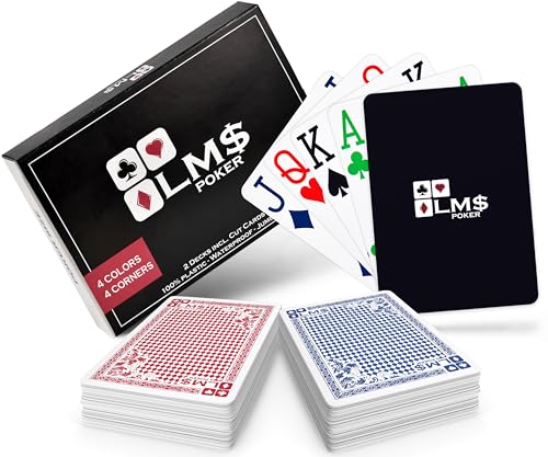 LM$ Pokerkarten Plastik Profi 4 Eckzeichen 4 Farben mit Cut Card - [2 x] hochwertige Pokerkarten 54 Blatt - wasserfeste und stabile Spielkarten im Doppelpack – Plastikkarten mit Jumbo Index von LM$