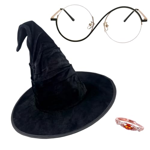 LMLVHH 3 Stück Elphaba Cosplay Brille, Hexenhut und Hexenring Zubehör für Halloween Film Cosplay Requisiten von LMLVHH