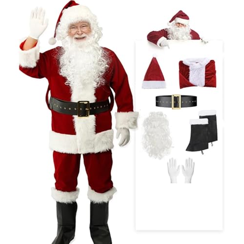 LMRHT Weihnachtsmannkostüm Weihnachten Santa Claus Cosplay Kostüm Komplette Sets Rot Weiß Uniform for Erwachsene Outfit Karneval Party Neue Jahr Weihnachten Kleidung Roleplay Santa Claus(7Pcs) von LMRHT
