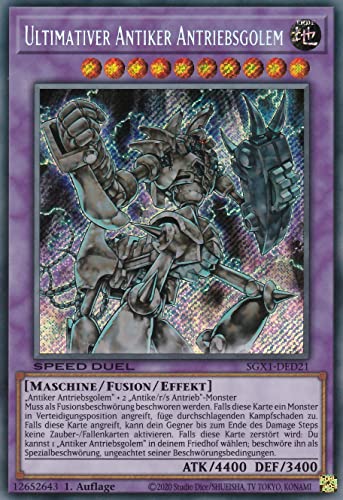 SGX1-DED21 - Ultimativer Antiker Antriebsgolem - Secret Rare - 1. Auflage - Deutsch - Speed Duel GX: Duel Academy Box - mit LMS Trading Fieldcenter-Karte Yugioh von LMS Trading