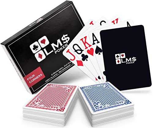 LM$ Pokerkarten Plastik Profi 4 Eckzeichen mit Cut Card - [2 x] hochwertige Pokerkarten 54 Blatt - wasserfeste und stabile Spielkarten im Doppelpack – Plastikkarten mit Jumbo Index von LM$
