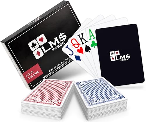 LM$ Pokerkarten Plastik Profi 4 Farben mit Cut Card - [2 x] hochwertige Pokerkarten 54 Blatt - wasserfeste und stabile Spielkarten im Doppelpack – Plastikkarten mit Jumbo Index von LM$