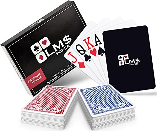 LM$ Pokerkarten Plastik Profi mit Cut Card - [2 x] hochwertige Pokerkarten 54 Blatt - wasserfeste und stabile Spielkarten im Doppelpack – Plastikkarten mit Jumbo Index (2 Eckzeichen/klassisch)… von LM$