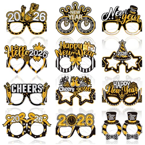 LMSHOWOWO 12 PCS Frohes Neues Jahr Brillen, Silvester Deko 2026, Papier Neujahr Partybrillen Silvester Brille für 2026 Neujahr Silvester Party Dekoration Foto Requisiten von LMSHOWOWO