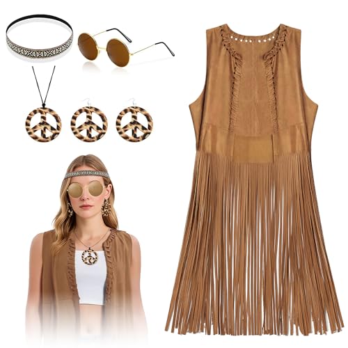 LMSHOWOWO 60er 70er Jahre Fasching Hippie Kostüm Kleidung Set für Damen, Retro Hippie Zubehör mit Fransen Weste Stirnband Brille Halskette Ohrringe für Hippie Halloween Karneval Erwachsene Kostüm LMSHOWOWO 60er 70er Jahre Fasching Hippie Kostüm Kleidung Set für Damen, Retro Hippie Zubehör mit Fransen Weste Stirnband Brille Halskette Ohrringe für Hippie Halloween Karneval Erwachsene Kostüm von LMSHOWOWO