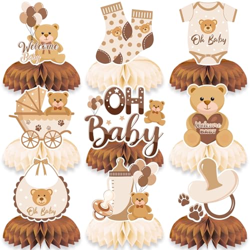 LMSHOWOWO Babyparty Deko, 9 Stück Teddybär Gender Reveal Party Deko Neutral, Beige Bienenwabe Mittelstück Tischdekoration für Jungen Mädchen Baby Shower Tischdeko Geschlecht Verkündung Partyzubehör von LMSHOWOWO