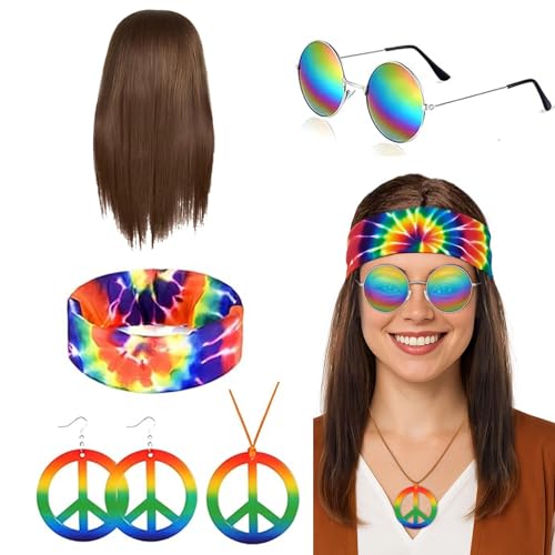 LMSHOWOWO Retro Hippie Kostüm Accessoires mit brauner Perücke Tie Dye Stirnband Sonnenbrille Halskette Ohrringe für 60er 70er Jahre Verkleidung Hippie Halloween Karneval Maskerade Party Supplies von LMSHOWOWO