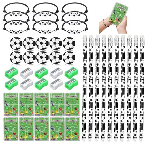 LMYEVYD 50 Stück Fußball Mitgebsel Kinder, Fußball Party Mitgebsel Kindergeburtstag Gastgeschenke mit Bleistifte, Radiergummi, Armbänder, Flipperspiel, Bleistiftspitzer für Jungen Kindergeburtstag von LMYEVYD