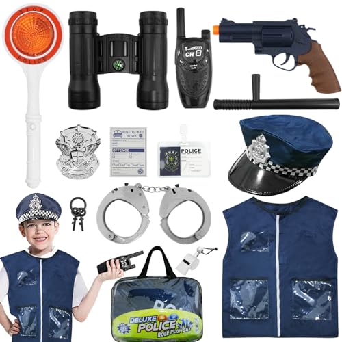 LMYEVYD Polizei Kostüm Kinder mit Polizist Ausrüstung Weste Hut, Walkie Talkie, Verkehrssignalanzeige, Cosplay-polizei Uniform Kinder, PolizeiSpielzeug für Karneval Halloween Kostüm Kinder von LMYEVYD