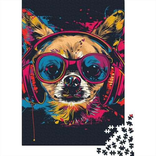 1000-teiliges Chihuahua-DJ-Neon-Puzzle für Erwachsene, Holzpuzzle, Puzzle für Erwachsene, 1000 Teile (38 x 26 cm) von LMYmoney