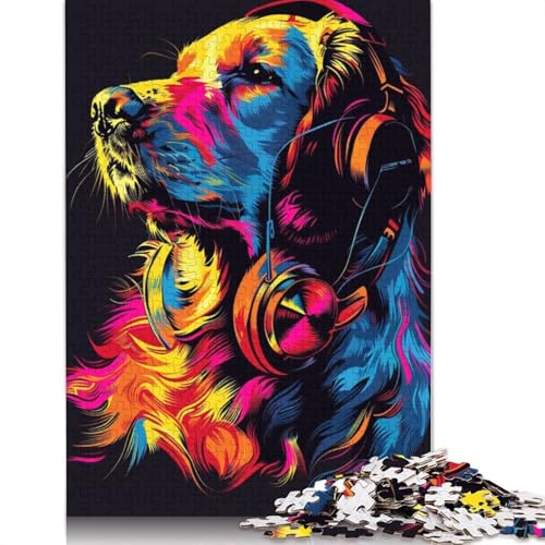 1000-teiliges Golden Retriever-Puzzle mit Kopfhörern für Erwachsene, Holzpuzzle, Puzzle für Erwachsene, 1000 Teile (75 x 50 cm) von LMYmoney