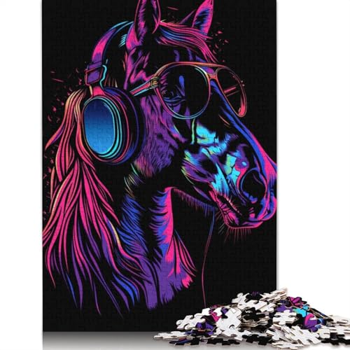 1000-teiliges Pferd mit Sonnenbrille, Neon-Puzzle für Erwachsene, Puzzles, Lernspielzeug, 1000 Stück (75 x 50 cm) von LMYmoney