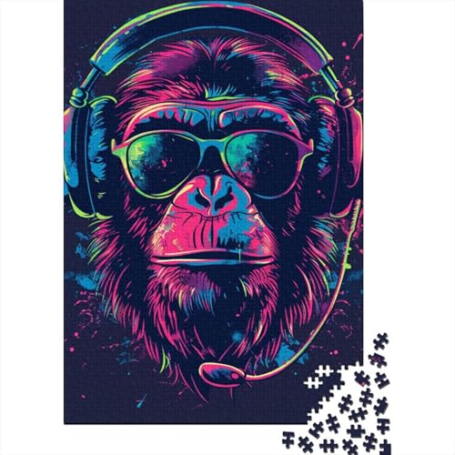 1000-teiliges Puzzle „AFFE mit Kopfhörern und Sonnenbrille“ für Erwachsene und Jugendliche, Lernspielzeug aus Holz, 1000 Teile (38 x 26 cm) von LMYmoney