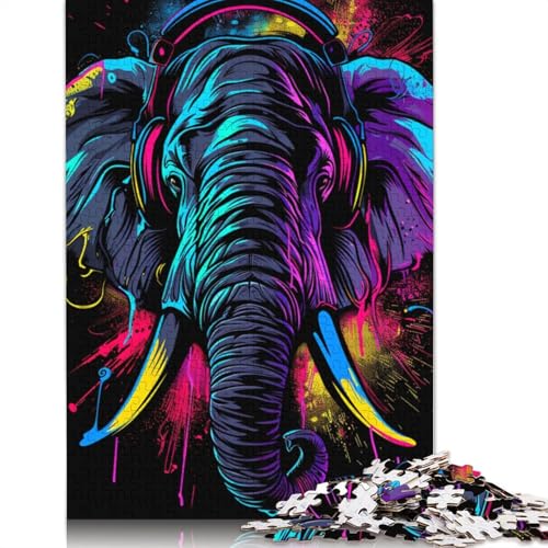1000-teiliges Puzzle „Elefant mit Kopfhörern“ für Erwachsene und Teenager, Holzpuzzle, 1000 Teile (75 x 50 cm) von LMYmoney
