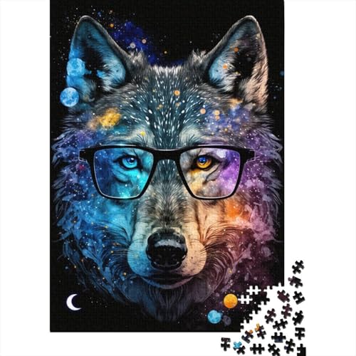 1000-teiliges Puzzle „Galaxie-Wolf mit Brille“ für Erwachsene, Holzpuzzle, Lernspiel für Erwachsene Teenager, 1000 Teile (38 x 26 cm) von LMYmoney