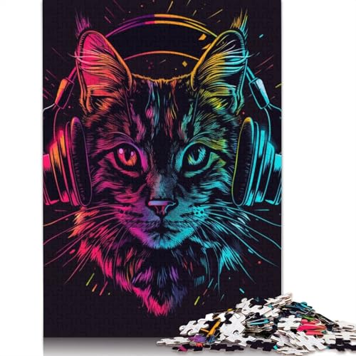 1000-teiliges Puzzle „Katze mit Kopfhörern und Sonnenbrille“ für Erwachsene, Holzpuzzle, Lernspiel für Erwachsene Teenager, 1000 Teile (75 x 50 cm) von LMYmoney