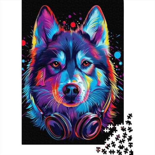 1000-teiliges Puzzle „Siberian Husky Neon“ für Erwachsene und Teenager, Holzpuzzle, Lernspiel, Herausforderung, Spielzeug, Geburtstagsgeschenke, 1000 Stück (38 x 26 cm) von LMYmoney