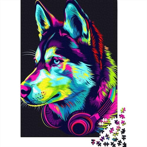 1000-teiliges Puzzle „Siberian Husky mit Kopfhörern“ für Erwachsene, Holzpuzzles für Teenager, Geschenke, einzigartige Heimdekoration und Geschenke (38 x 26 cm) von LMYmoney