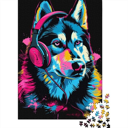 1000-teiliges Puzzle „Siberian Husky mit Kopfhörern“ für Erwachsene, Puzzle, Lernspiel, Herausforderungsspielzeug, 1000 Teile (38 x 26 cm) von LMYmoney